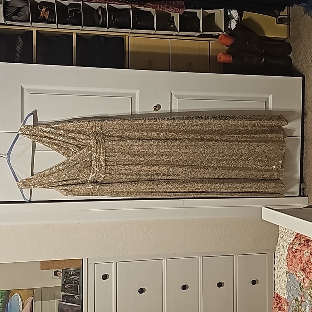 Davids bridal dress, gold sequin, long dress, size 18